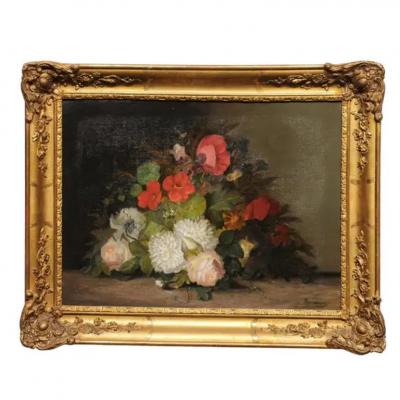 19th Century French Floral Painting Signed Philippe Rousseau in Giltwood Frame
