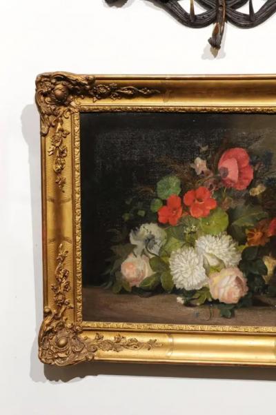 19th Century French Floral Painting Signed Philippe Rousseau in Giltwood Frame