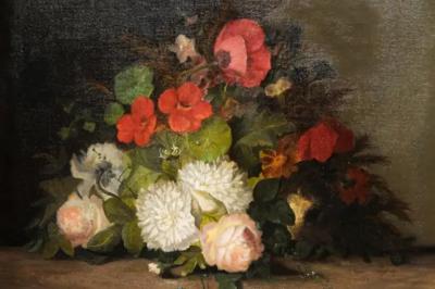 19th Century French Floral Painting Signed Philippe Rousseau in Giltwood Frame