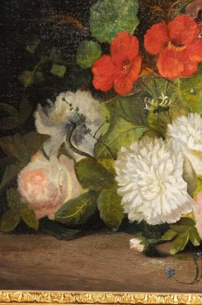 19th Century French Floral Painting Signed Philippe Rousseau in Giltwood Frame