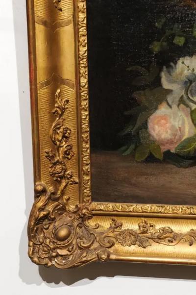 19th Century French Floral Painting Signed Philippe Rousseau in Giltwood Frame