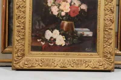 19th Century French Floral Still Life Painting Depicting Roses in Original Frame