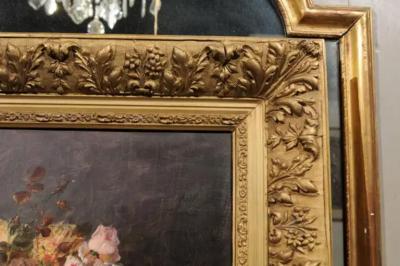 19th Century French Floral Still Life Painting Depicting Roses in Original Frame