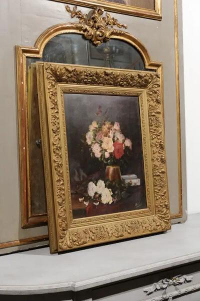 19th Century French Floral Still Life Painting Depicting Roses in Original Frame