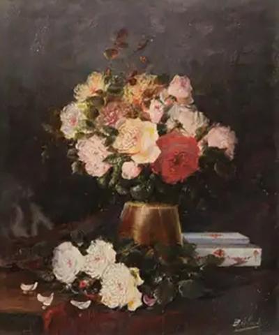 19th Century French Floral Still Life Painting Depicting Roses in Original Frame