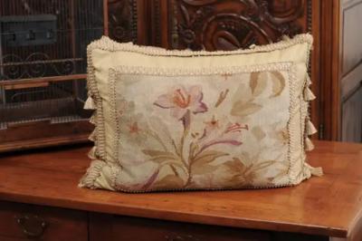 19th Century French Floral Themed Aubusson Tapestry Pillow with Tassels
