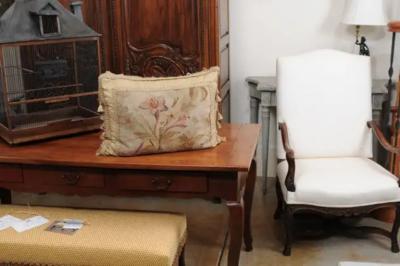 19th Century French Floral Themed Aubusson Tapestry Pillow with Tassels