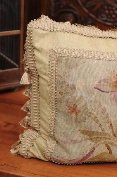 19th Century French Floral Themed Aubusson Tapestry Pillow with Tassels