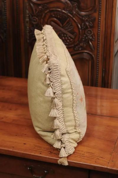 19th Century French Floral Themed Aubusson Tapestry Pillow with Tassels