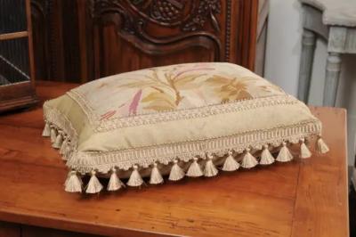 19th Century French Floral Themed Aubusson Tapestry Pillow with Tassels