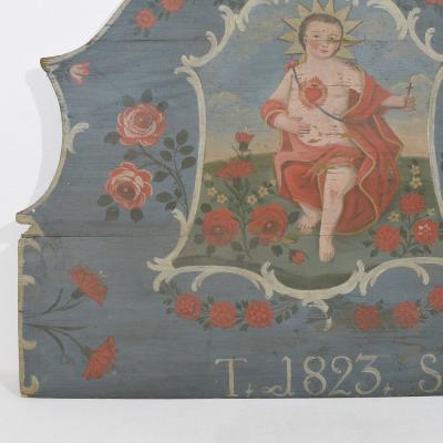 19th Century French Folk Art Painted Wooden Panel With Baby Christ Figure
