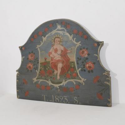 19th Century French Folk Art Painted Wooden Panel With Baby Christ Figure
