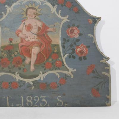 19th Century French Folk Art Painted Wooden Panel With Baby Christ Figure