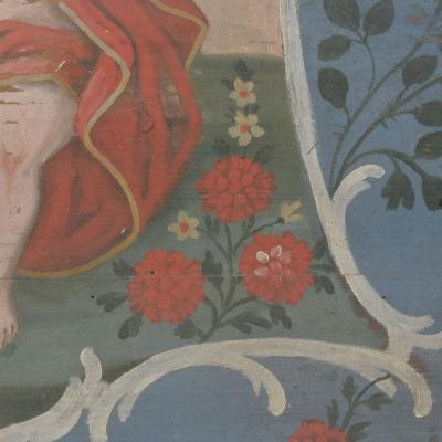 19th Century French Folk Art Painted Wooden Panel With Baby Christ Figure