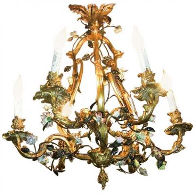 19th Century French Gilt Bronze Chandelier with Porcelain Flowers