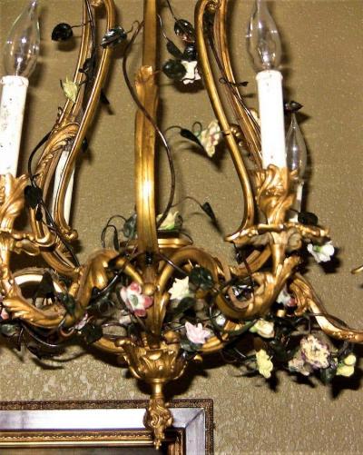 19th Century French Gilt Bronze Chandelier with Porcelain Flowers