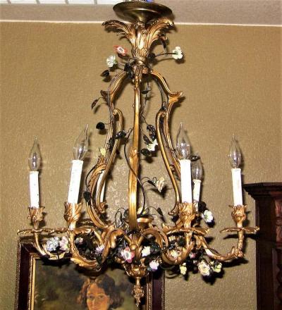 19th Century French Gilt Bronze Chandelier with Porcelain Flowers
