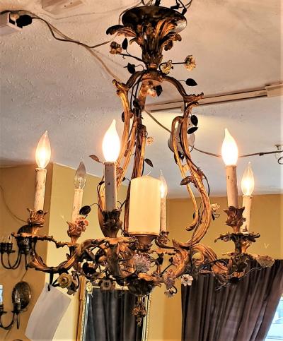 19th Century French Gilt Bronze Chandelier with Porcelain Flowers