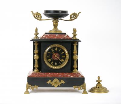 19th Century French Gilt Bronze Mounted Slate Rouge Marble Mantel Clock