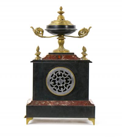 19th Century French Gilt Bronze Mounted Slate Rouge Marble Mantel Clock