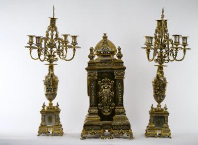 19th Century French Gilt Bronze Silvered Three Piece Clock Garniture
