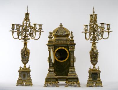 19th Century French Gilt Bronze Silvered Three Piece Clock Garniture