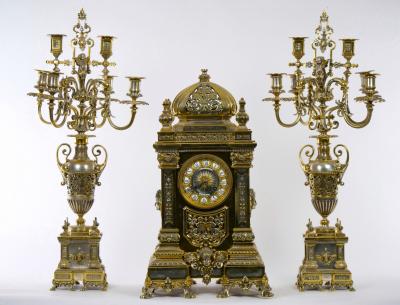 19th Century French Gilt Bronze Silvered Three Piece Clock Garniture