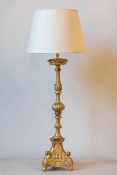 19th Century French Giltwood Table Lamp with Ornate Carved Base