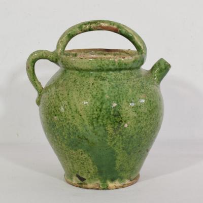 19th Century French Green Glazed Earthenware Jug or Water Cruche