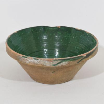 19th Century French Green Glazed Terracotta Dairy Bowl or Tian