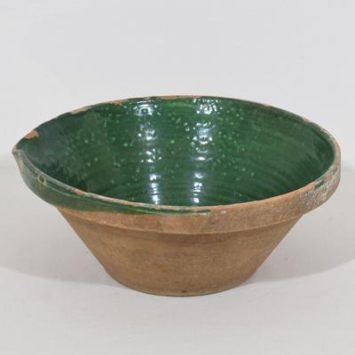 19th Century French Green Glazed Terracotta Dairy Bowl or Tian