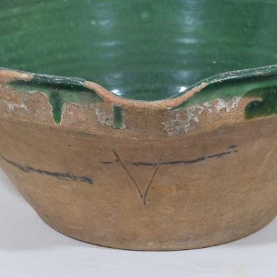 19th Century French Green Glazed Terracotta Dairy Bowl or Tian
