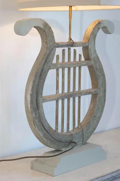 19th Century French Gustavian Lyre Table Lamp in Distressed Wood with Shade