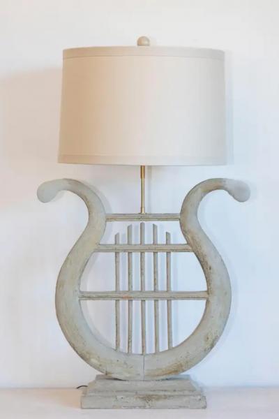19th Century French Gustavian Lyre Table Lamp in Distressed Wood with Shade