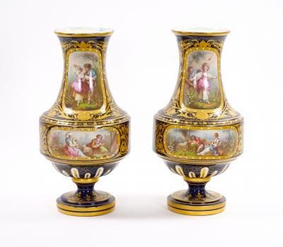 19th Century French Hand Painted Sevres Porcelain Pair Louis XV Style Vase