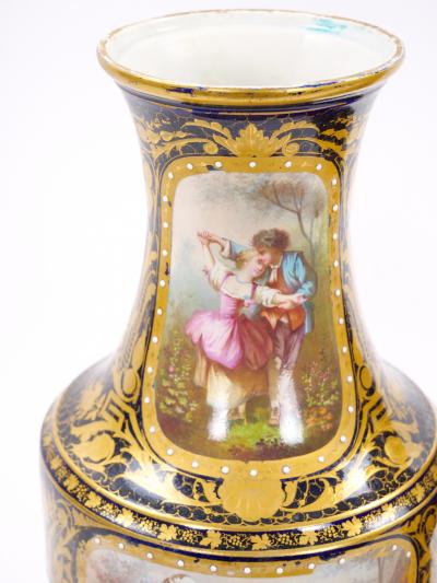 19th Century French Hand Painted Sevres Porcelain Pair Louis XV Style Vase