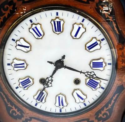 19th Century French Napoleon III Wall Clock Enamel Face and Wood Marquetry