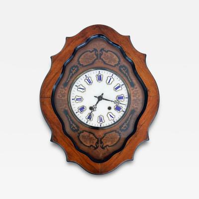 19th Century French Napoleon III Wall Clock Enamel Face and Wood Marquetry