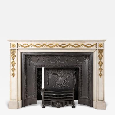 19th Century French Ormolu White Marble Fireplace With Iron Inserts c 1850
