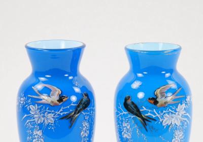 19th Century French Pair Hand Painted Decorated Art Glass Vases