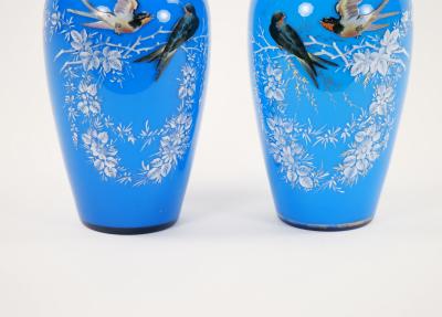19th Century French Pair Hand Painted Decorated Art Glass Vases