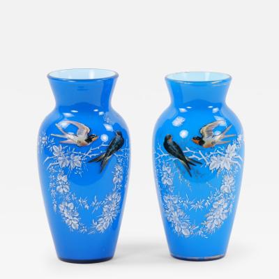 19th Century French Pair Hand Painted Decorated Art Glass Vases