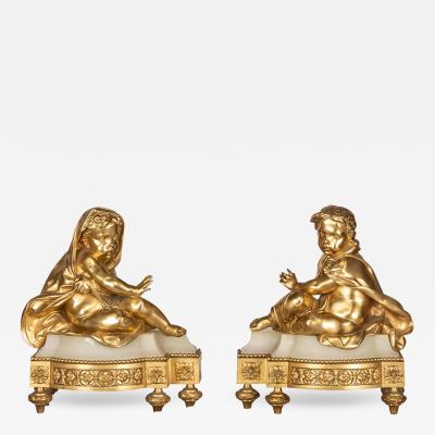 19th Century French Pair Of Ormolu Bronze Fireplace Chenets c 1850