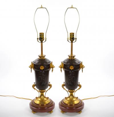 19th Century French Patinated and Gilt Bronze Urn Shape Table Lamps circa 1855