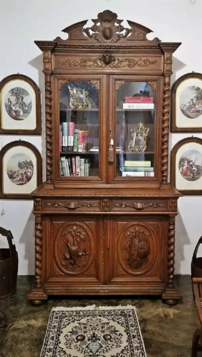 19th Century French Provincial Highly Carved Oak Hunt Bookcase