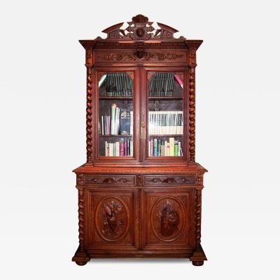 19th Century French Provincial Highly Carved Oak Hunt Bookcase