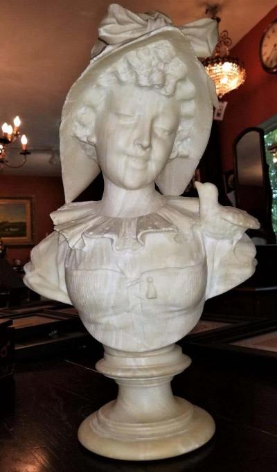 19th Century French White Alabaster Bust of Lady in Bonnet