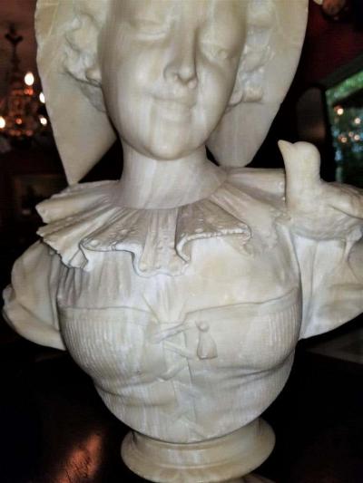 19th Century French White Alabaster Bust of Lady in Bonnet