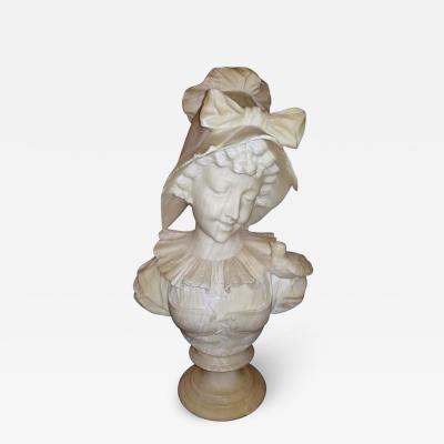 19th Century French White Alabaster Bust of Lady in Bonnet