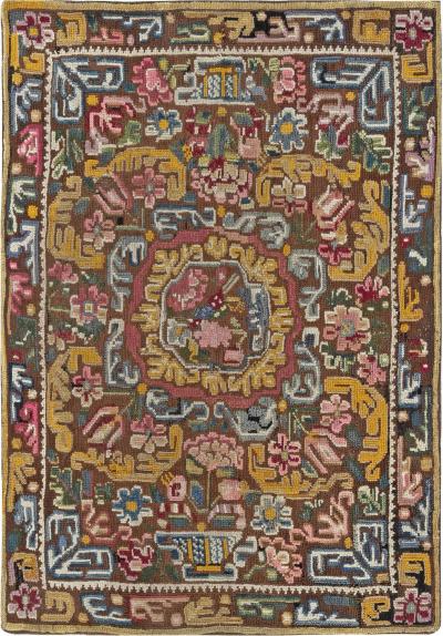 19th Century Geometric Floral Motifs Brown Yellow Needlework Carpet